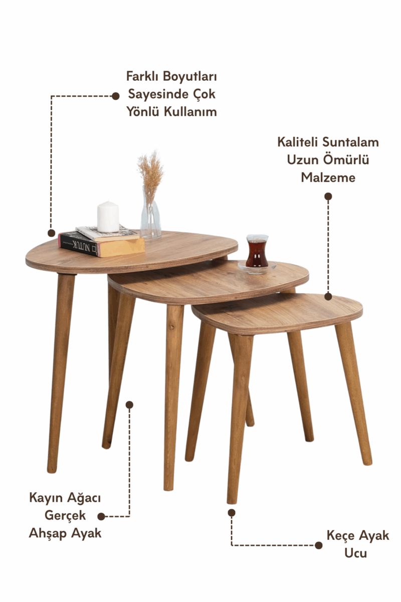Damla 3’lü Zigon Sehpa Takımı – Çam Renk | Gerçek Ahşap Ayaklı - Görsel 7