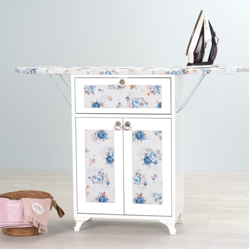Mistik Home Rose Katlanır Dolaplı Ütü Masası – Beyaz Gövde, Mavi Çiçek Desenli