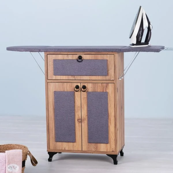 Rose Katlanır Dolaplı Ütü Masası / Ütü Dolabı – Çam Gövde, Antrasit Desenli Kumaş