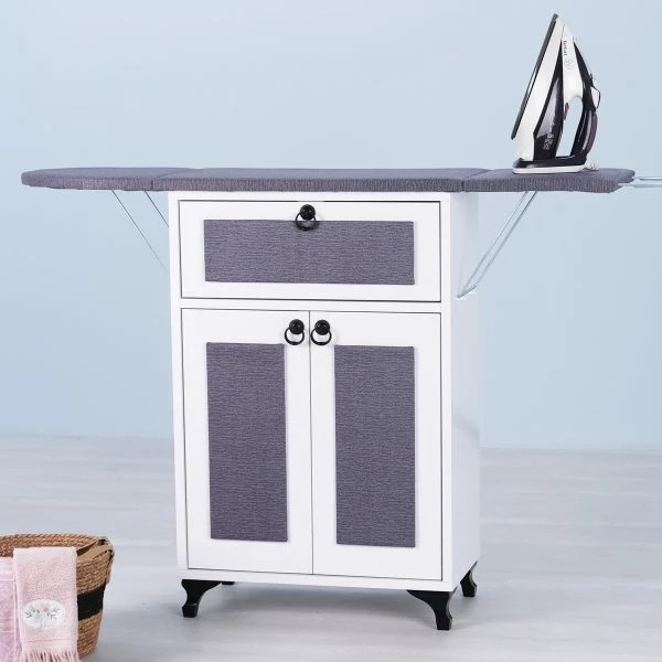 Rose Katlanır Dolaplı Ütü Masası / Ütü Dolabı – Beyaz Gövde, Antrasit Desenli Kumaş