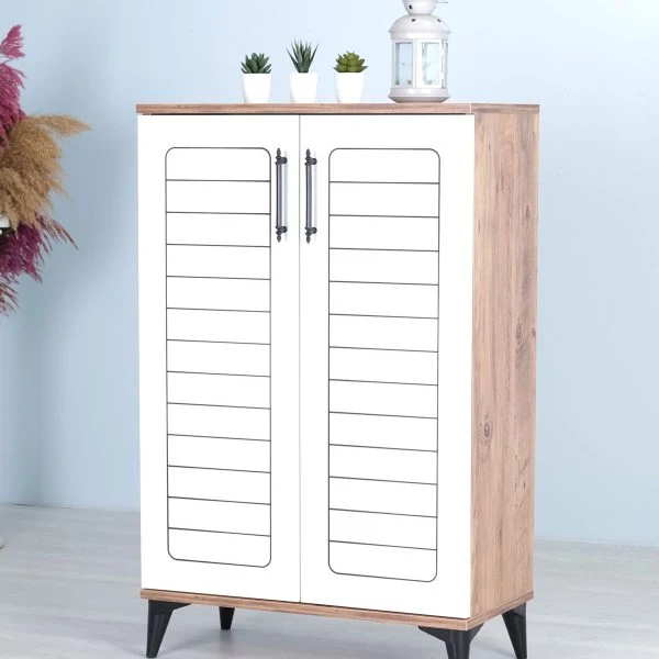 Luna 2 Kapaklı 4 Bölmeli Modern Ayakkabılık - Beyaz / Çam Desenli | 70x108x35 Cm