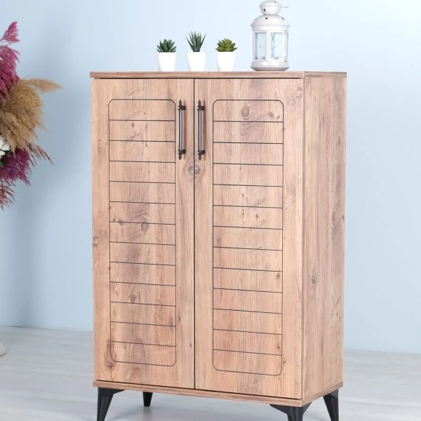 Luna 2 Kapaklı 4 Bölmeli Modern Ayakkabılık - Çam Desenli | 70x108x35 Cm