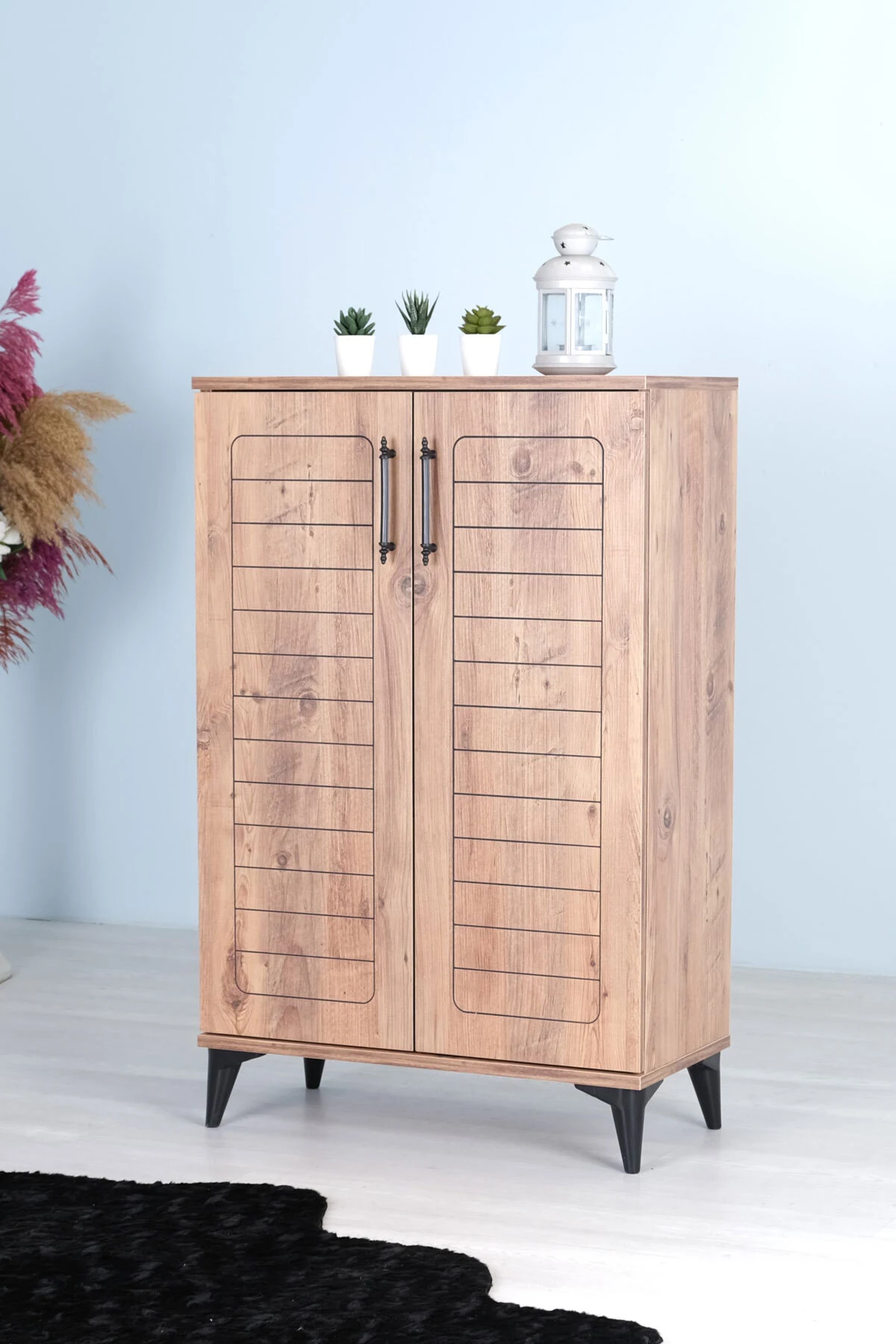 Luna 2 Kapaklı 4 Bölmeli Modern Ayakkabılık - Çam Desenli | 70x108x35 Cm