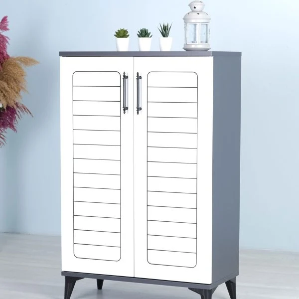 Luna 2 Kapaklı 4 Bölmeli Modern Ayakkabılık - Beyaz / Antrasit | 70x108x35 Cm