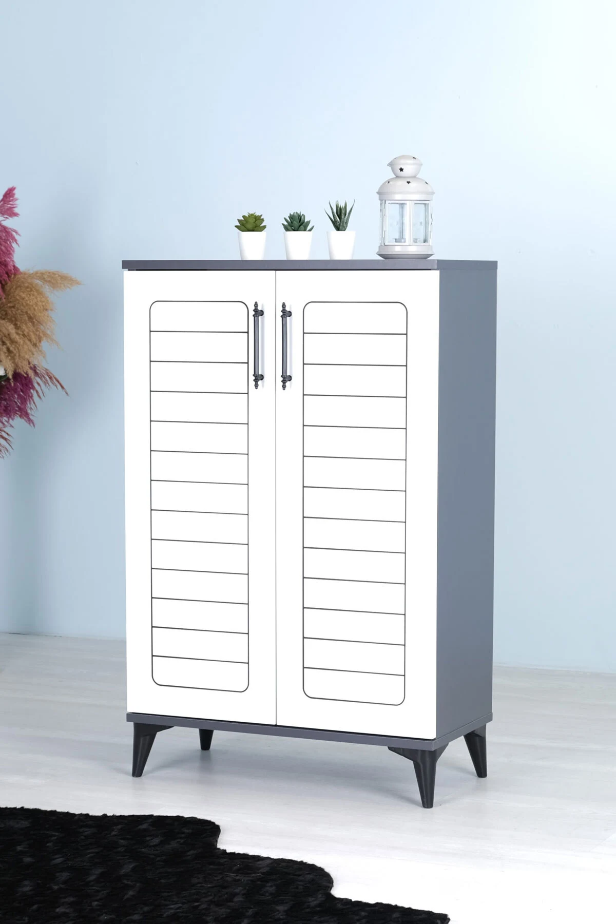 Luna 2 Kapaklı 4 Bölmeli Modern Ayakkabılık - Beyaz / Antrasit | 70x108x35 Cm