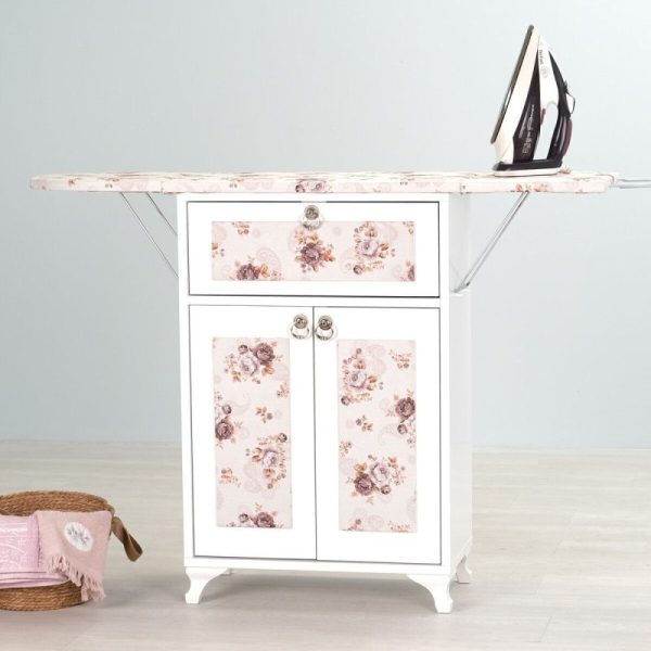 Rose Katlanır Dolaplı Ütü Masası / Ütü Dolabı – Beyaz Gövde, Kahverengi Çiçek Desenli
