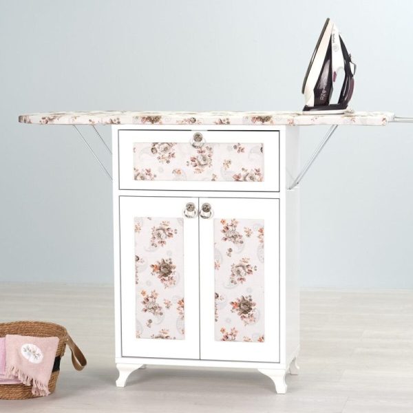 Rose Katlanır Dolaplı Ütü Masası / Ütü Dolabı – Beyaz Gövde, Yeşil Çiçek Desenli