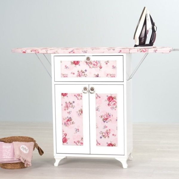 Rose Katlanır Dolaplı Ütü Masası / Ütü Dolabı – Beyaz Gövde, Pembe Çiçek Desenli