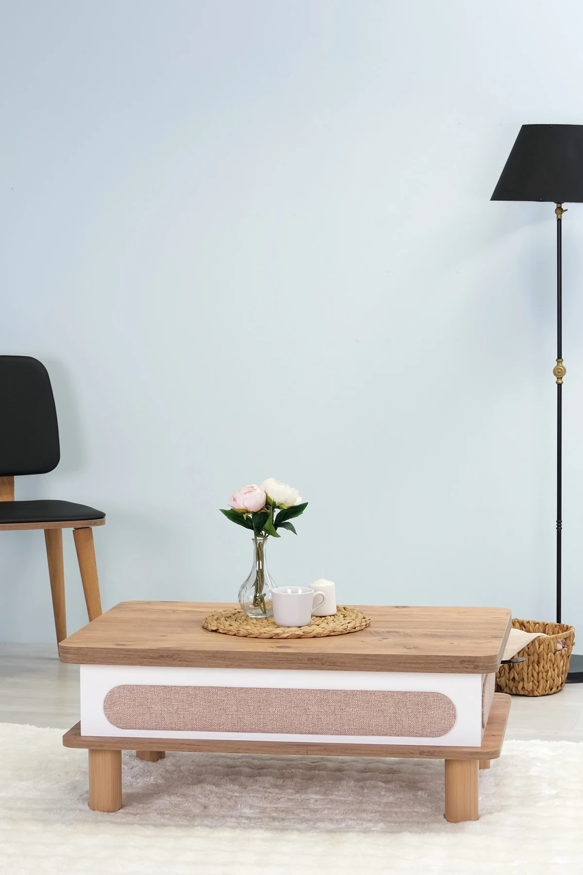 Livia Bohem Akıllı Orta Sehpa , Masa - Çam Tabla Beyaz Gövde / Hasır Desen Kumaş